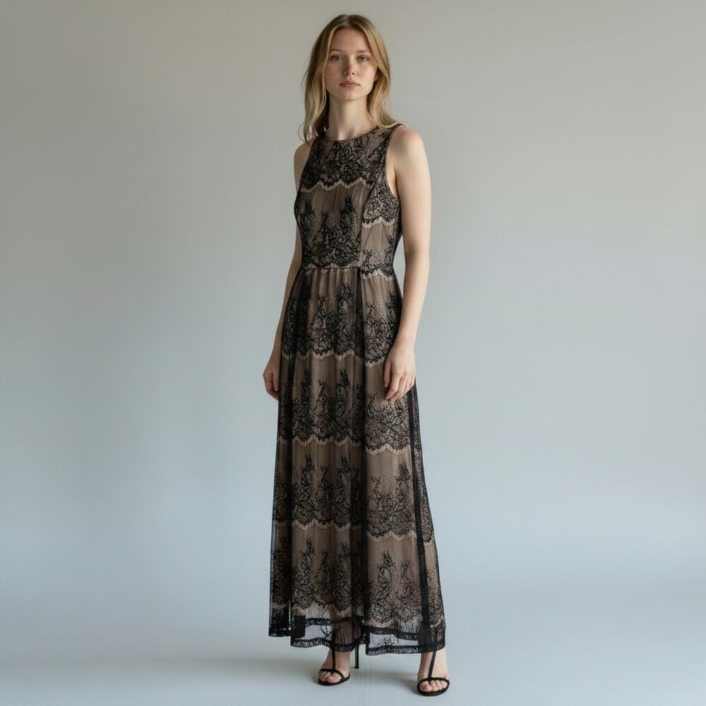 Forever 21 Lace Evening Gown Formal Maxi Dress Black Nude Mesh M